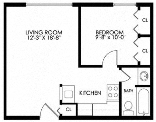 Floor plan for 1 bed, 1 bath, 497 sqft